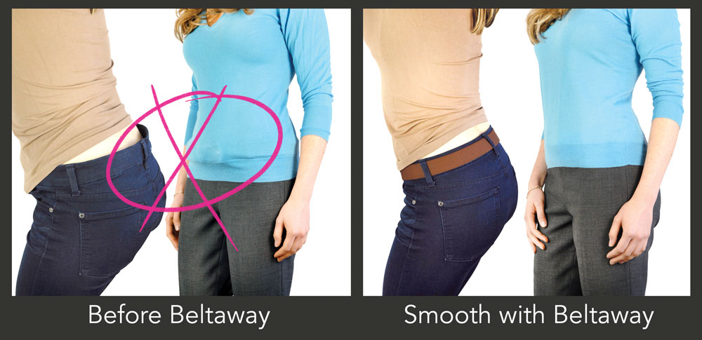 Beltaway belt keeps your clothing in place without the unsightly belt buckle bulge.