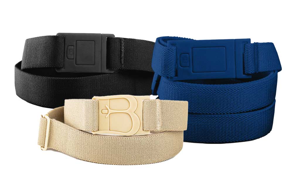 Beltaway unisex elastic adjustable belts in black, navy, and tan